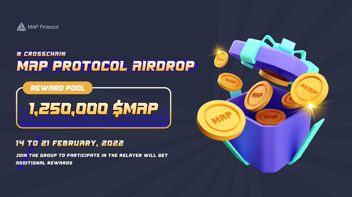 🔰 MAP Protocol Airdrop
🎁 Reward Pool: 1,250,000 $MAP
👥 Referral: +10 $MAP (UpTo 30 $MAP)
🧶 Rate: ⭐️⭐️⭐️⭐️⭐️
🗓 Event Time: 14 to 21 February, 2022  

📚 Airdrop Link: t.me/MarcoPoloAirdr…

📡 Website: maplabs.io #AirdropRampage