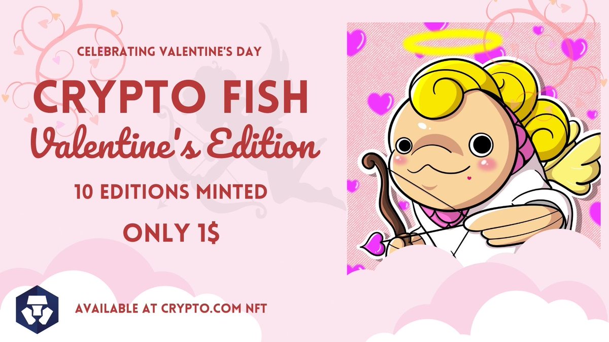 Celebrating ❤️Valentine's Day ❤️with
Crypto Fish Valentine's Edition
10 editions minted
only 1$

crypto.com/nft/collection…

#NFTCommunity #nftcollector #NFTartist #NFTdrop #CRO  #Cronos #Cryptocom #NFTartists #NFT