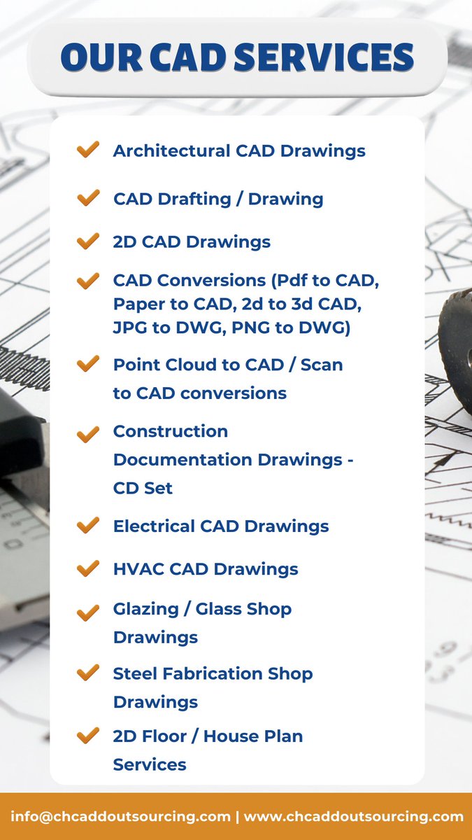 ch_cadd's tweet photo. We offer the best #CADoutsourcingservices including architectural AutoCAD drawings, 2D CAD drawings, cad drafting services, cad conversions such as Pdf, Paper, to AutoCAD drawing, JPG, PNG to Dwg, and many more.

Email: info@chcaddoutsourcing.com
Visit https://t.co/c7cMLstI7e https://t.co/5MeWe9bs4k