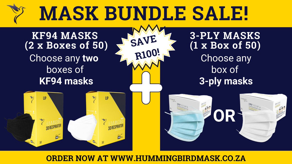 It's better when you buy it together! 

Get 2 boxes of Premium KF94 masks PLUS 1 box of 3-ply masks and save R100.  Buy your Mask Bundle NOW as Stocks are limited.

hummingbirdmask.co.za/store/

#kf94mask #kf94 #disposablemask #hummingbirdza #KF94MaskSouthAfrica