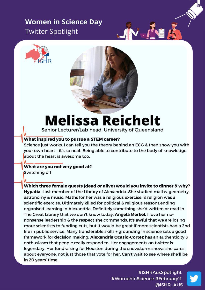 <a href="/MelEReichelt/">Melissa Reichelt</a> leads the Cardiac Disease &amp; Therapy lab &amp; also a senior lecturer <a href="/UQMedicine/">UQ Medicine</a>. She has held /currently holds a diverse range of funding from <a href="/nhmrc/">NHMRC</a> &amp; <a href="/arc_gov_au/">Australian Research Council</a>. Melissa is also active in <a href="/ISHR_AUS/">ISHR Australasian Section</a>, serving within the executive council. #WomenInScience #IDWGS