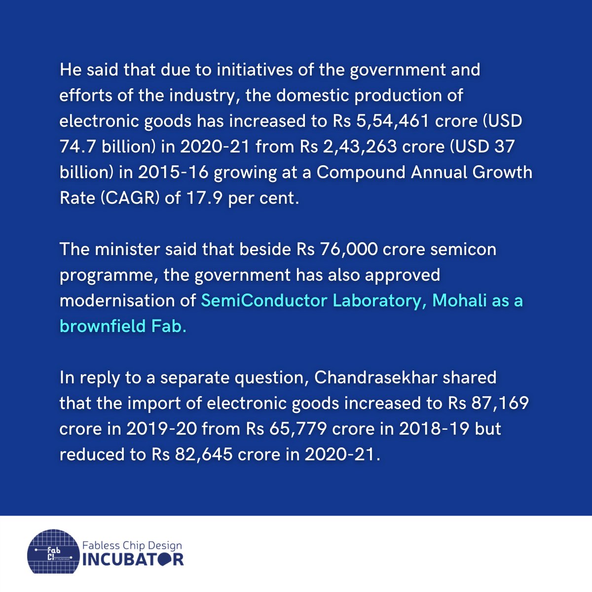 FabCI_IITH's tweet photo. #ChipBytes
India's semiconductor consumption estimated at Rs 1.1 trn in 2020: MoS IT
Swipe To Know More.
-
@FabCI_IITH @IITHyderabad @iTICIncubator
-
#semiconductor #ITministry #rajyasabha #fabci #India https://t.co/B4weG6yc4F