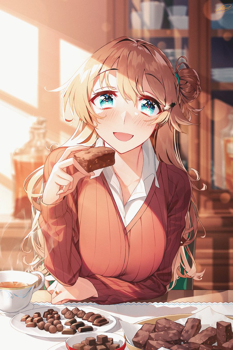 1girl solo food chocolate long hair smile blush  illustration images