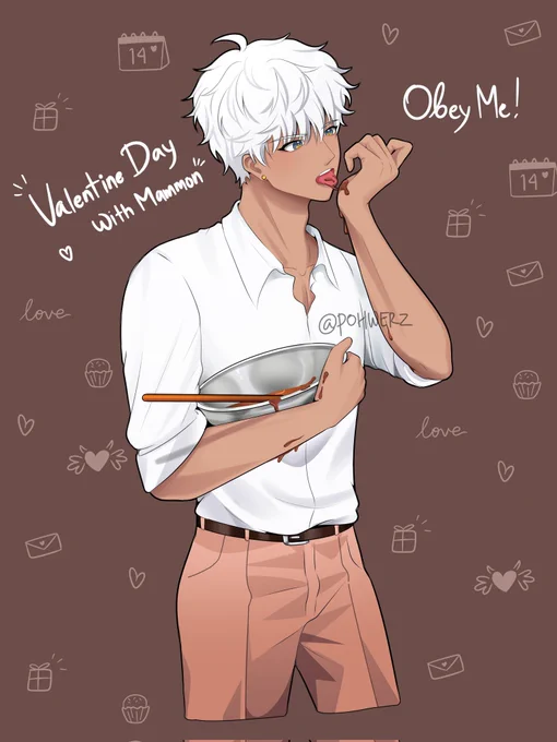 "Ah, I got chocolate on my hand."

Happy Valentine's day everyone! 🍫💝

[#obmプラス #obeyme #おべいみー #obeymeMammon] 