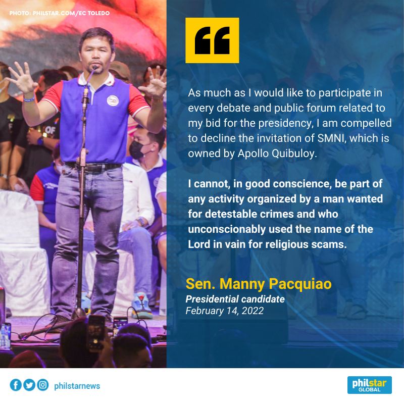 PhilstarNews's tweet photo. PACMAN TO SKIP SMNI DEBATE

Senator Manny Pacquiao announced that he will be skipping the SMNI debate to be held tomorrow, citing network owner Apollo Quiboloy's sex trafficking charges as well as an ongoing cyber-libel case as reasons why he does not want to be involved. https://t.co/A1J5wIXh2M