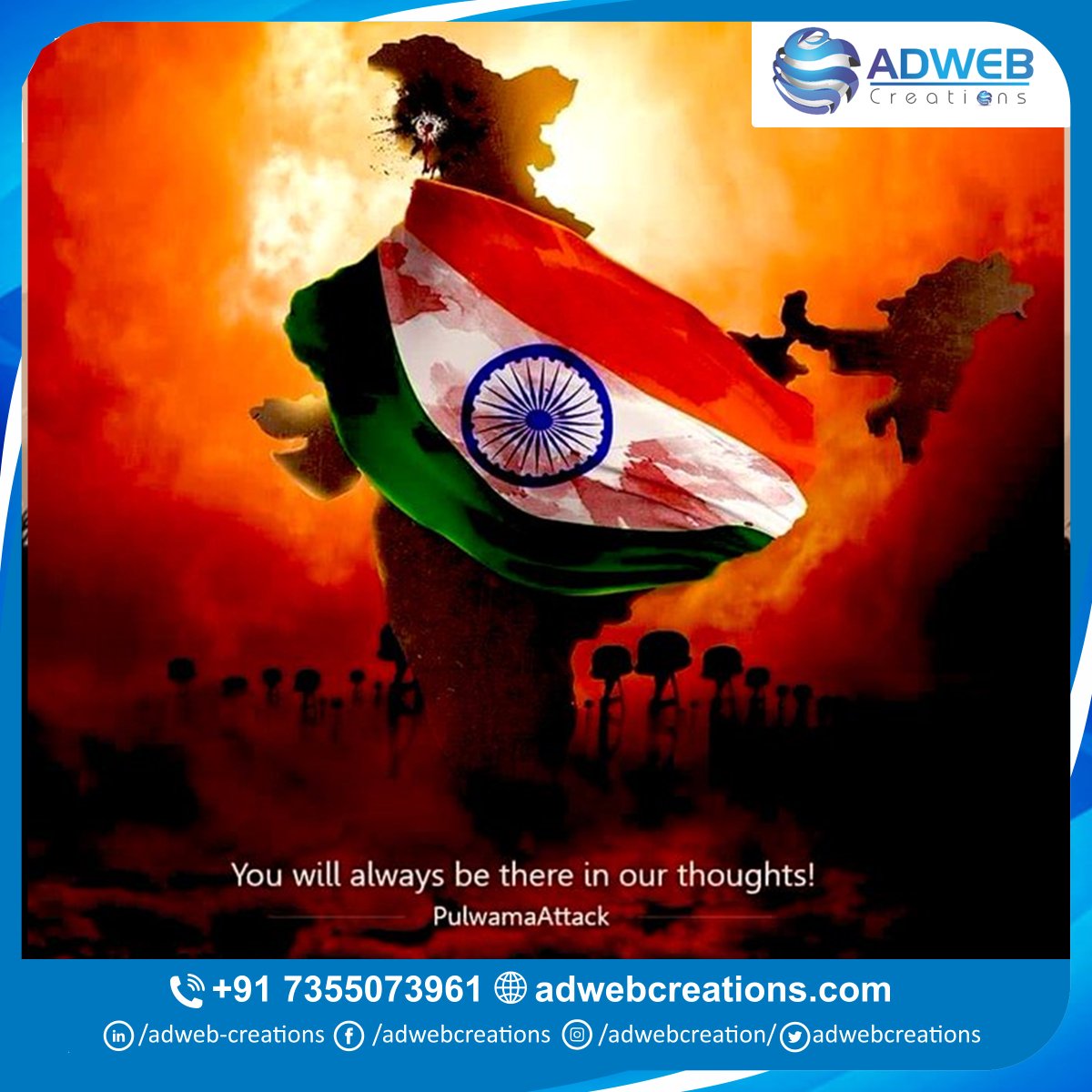 AdwebCreations's tweet photo. Salute to the brave warriors of Mother India martyred in Pulwama attack.
Sacrifice for the Nation is supreme sacrifice. JaiBharat🇮🇳
 #PulwamaAttack https://t.co/RmKNGJJhW5