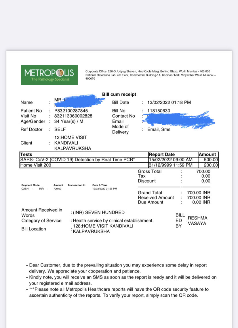 mehul0108's tweet photo. ⁦@MetropolisLab⁩, I hv requested rtpcr test and lady came to my residence, collected the sample and issued me the invoice and all other formalities. Later she is telling I haven’t paid the cash, so pls explain w/o cash how u can raise bill n she left the place? (1/n) https://t.co/UF4lljBZFj