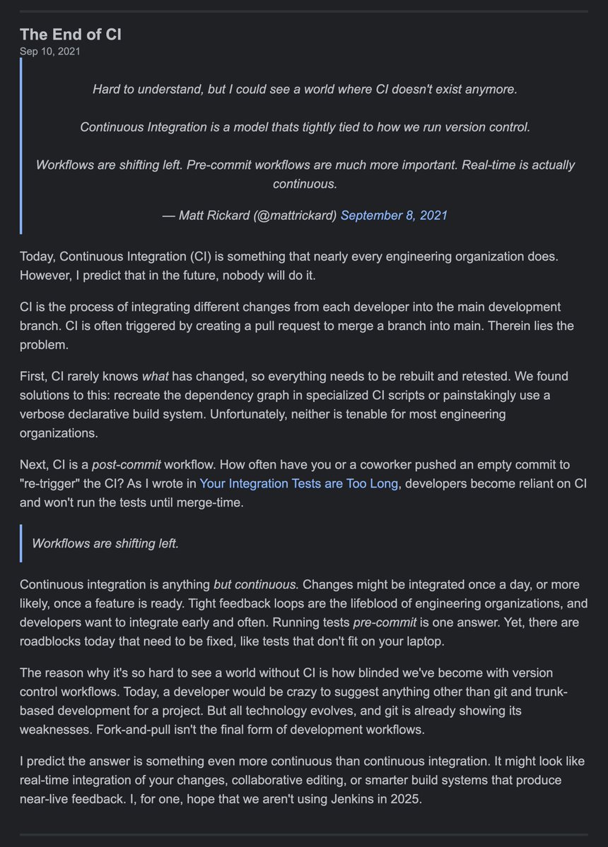 mattrickard's tweet photo. GitOps is a good evolution of CI, but is the beginning of the end

Why CI won't exist -- or will look drastically different -- in the future. https://t.co/mb8Moewm1r