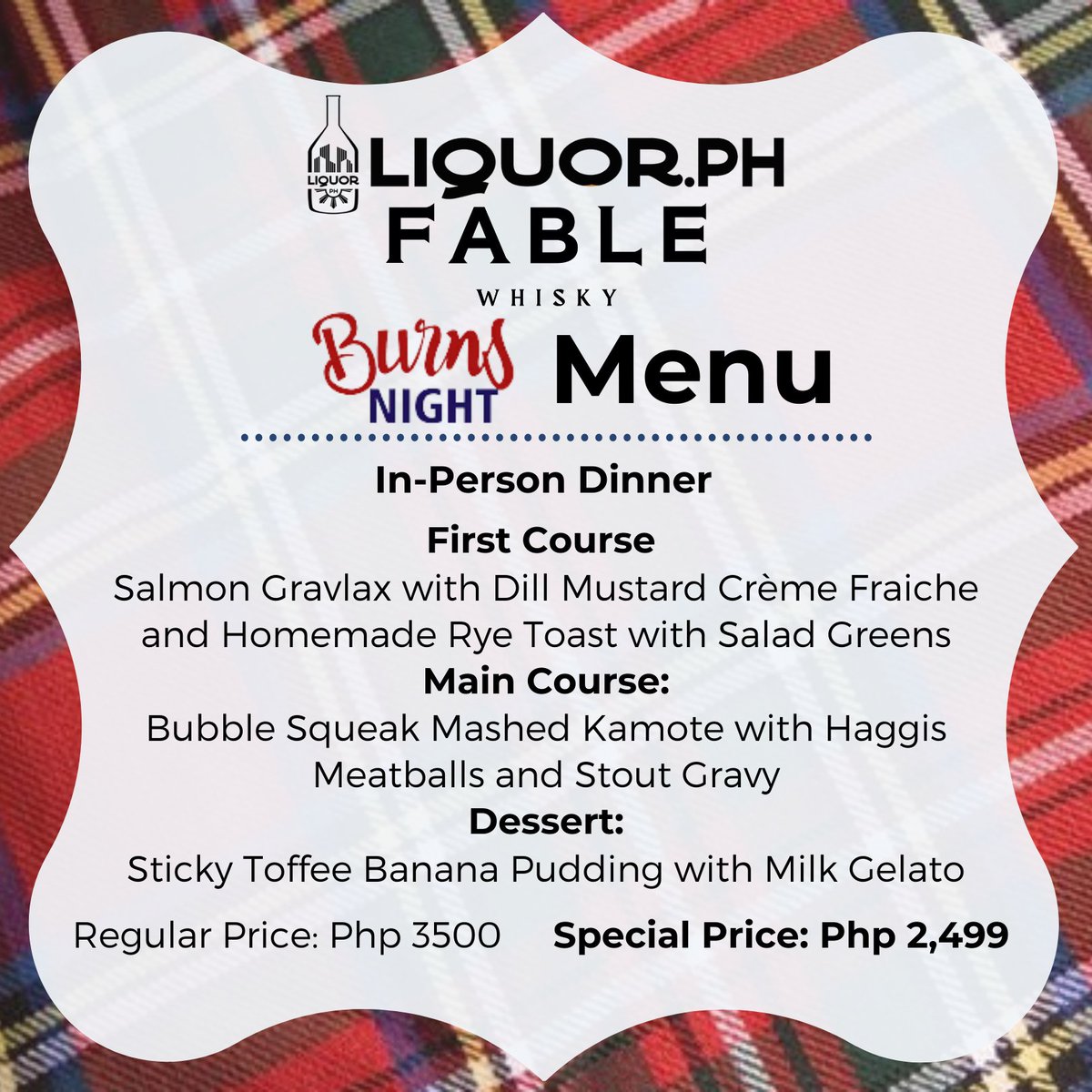 LiquorPh's tweet photo. Only a few spots left for the https://t.co/0CKJEIP7CJ Robert Burns Dinner with Fable Whisky on Feb 16. An amazing 3 course meal will be served!  This will be an awesome and one not to be missed.

https://t.co/27yHyMCYAy

#LiquorPH  #scotch #Philippines #singlemalt https://t.co/FkljZ4MwdY