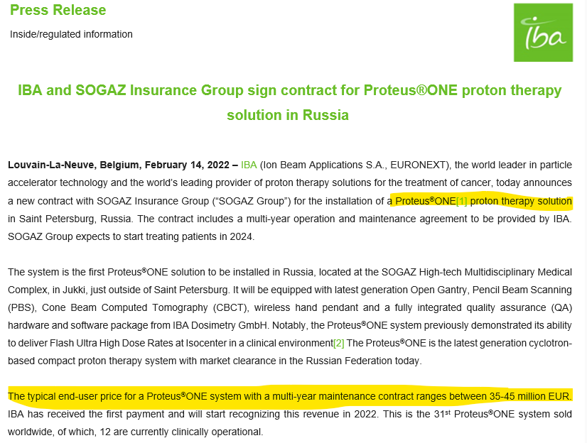 TSimonts's tweet photo. #IBA kreeg wat liefde (en een vooruitbetaling) van het Russische #Sogaz voor een #ProteusONE (kostprijs: €35m à €45m). The protontherapie show goes on, na een erg degelijk 2021. https://t.co/5KKSEpCnLD