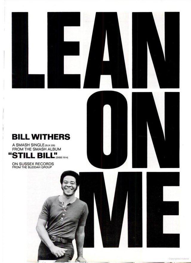 RT @ThomasRichmond: Billboard Magazine. May 27th, 1972.
Bill Withers/ Lean On Me https://t.co/oJeIWuf3W3