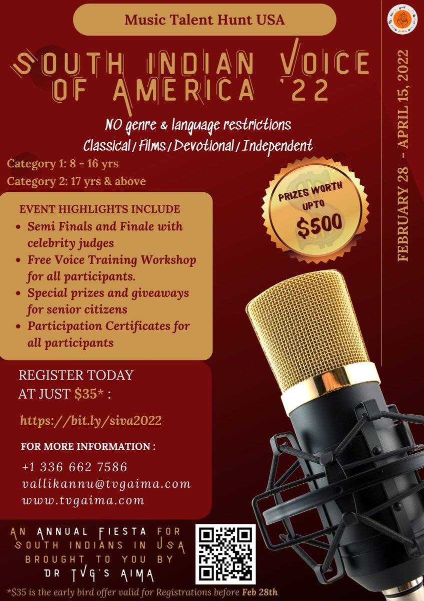 TvgAima's tweet photo. AIMA is proud to announce the South Indian Voice of America 2022 music talent hunt for Indians in the US and Canada.
Registrations open now!!
https://t.co/5IfkLw9ZfM
#music #talenthunt #usa #canada https://t.co/dwzxJzIWMQ