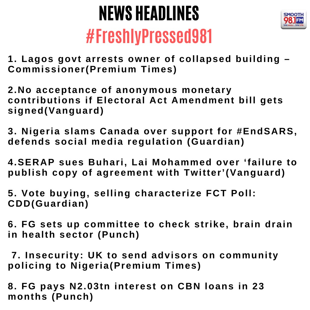 Join us this morning at 7:30am on #FreshlyPressed981 for in-depth analysis of these news stories.

<a href="/SopeMartins/">Sope Martins</a> will be joined by guest analysts; <a href="/Chxta/">Chxta</a> and @dmrcee

Be a part of the conversation
WhatsApp: 08094440981