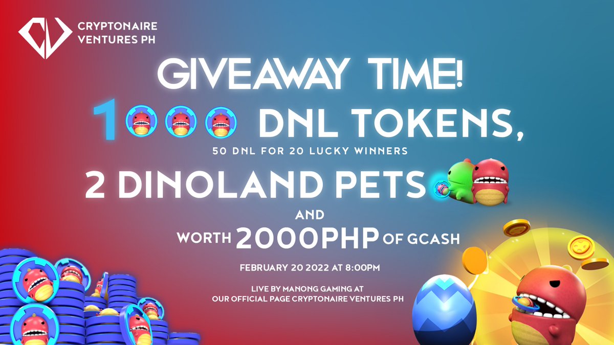 CryptonairePH's tweet photo. 🚨‼️ Giveaway Alert ‼️🚨

 We are giving away Twenty (20) winners of @Dinolandgame 1000 $DNL Tokens &amp; 2 Dino Pets

Follow the instructions here to qualify:
https://t.co/URHa2LeT7h

Attend our Live draw &amp; Get a chance to win Pegaxy Scholarships

#Play2Earn
#Dinoland #CryptonairePH https://t.co/CCrAfid9e2