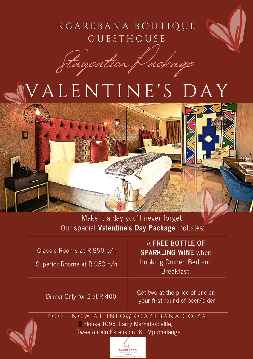VALENTINE'S DAY @ KGAREBANA BOUTIQUE GUESTHOUSE
kgarebana.co.za / +27 83 693 0979

#TravelSA #travel #airbnb #TourismSA #ShotLeft #SBWL #WeDoTourism #MpumalangaTourism #ValentinesDay  #ValentinesDay2022   #MphoWaBadimo