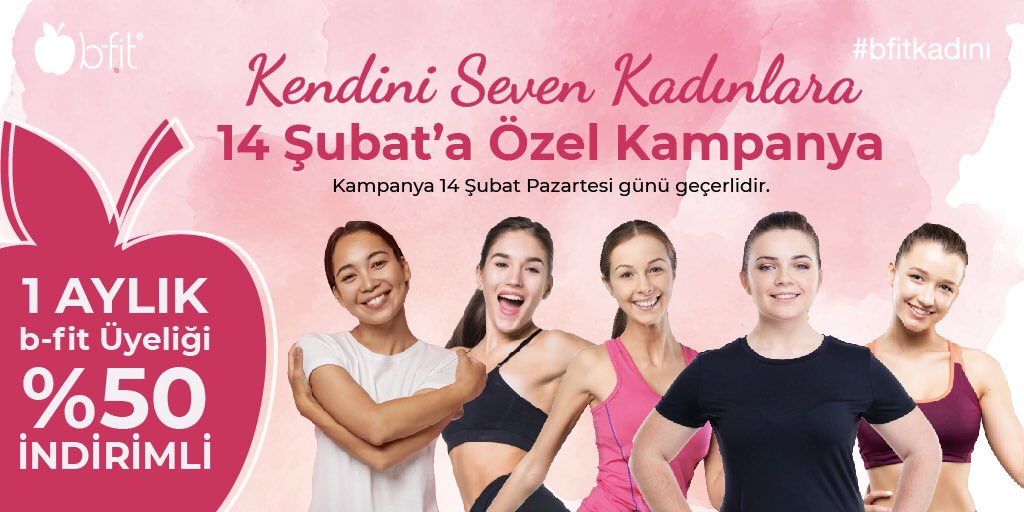 14 Şubat Sevgililer Günü'nde kendini seven tüm kadınlara 1 aylık yeni üyelik %50 indirimli 💚 Haydi, sen de b-fit üyesi ol, avantajlı fiyatları kaçırma! b-fit.com.tr (Kampanya sadece 14 Şubat Pazartesi günü geçerlidir.)