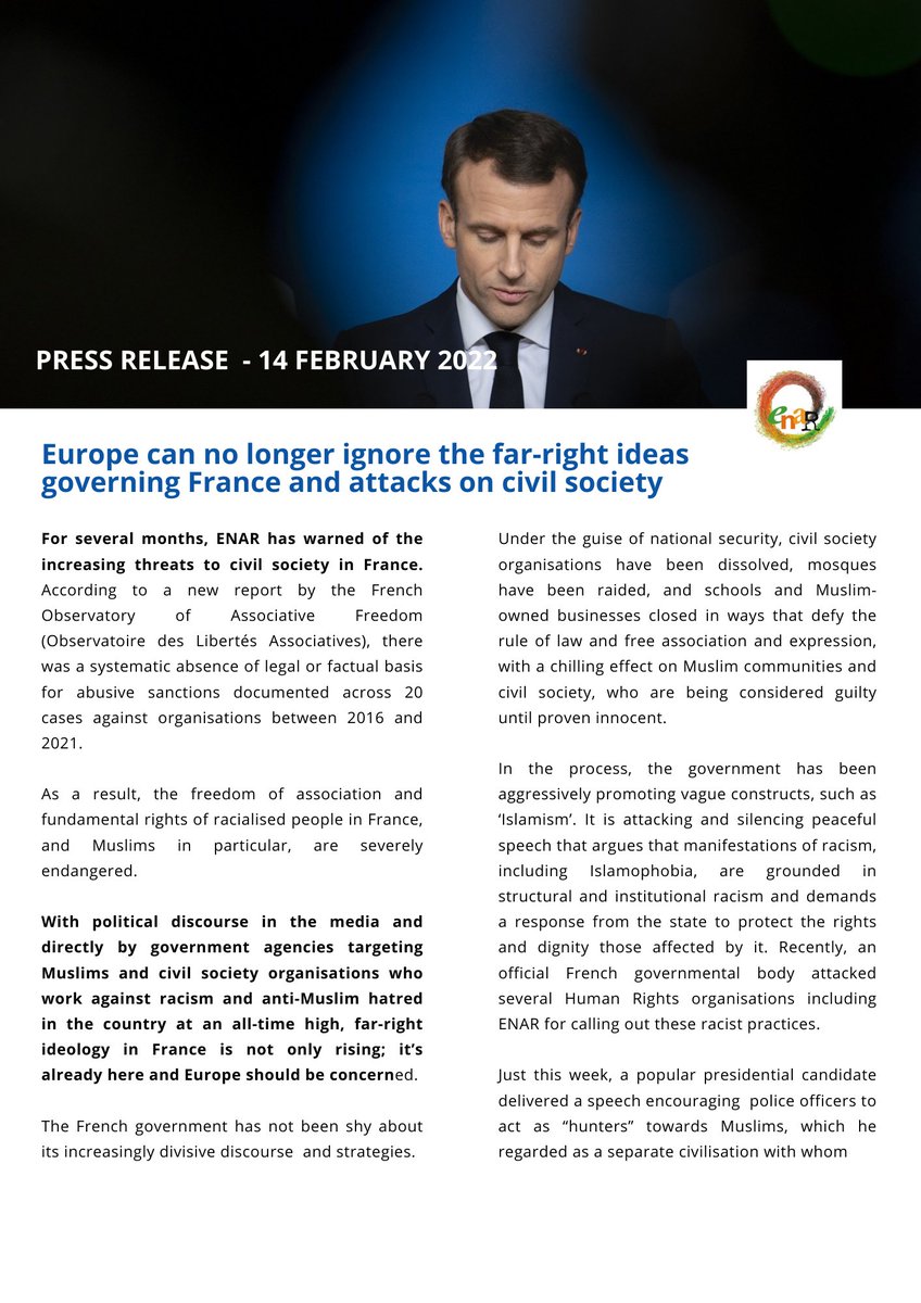 ENAREurope's tweet photo. With political discourse in the media &amp; directly by institutions targeting Muslims &amp; CSOs who work against racism &amp; anti-Muslim hatred in the country at an all-time high, far-right ideology in 🇫🇷 is not only rising; it’s already here &amp; 🇪🇺 should be concerned. Our #PressRelease: https://t.co/4y7FWcl2ny