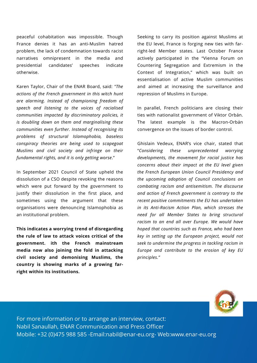 ENAREurope's tweet photo. With political discourse in the media &amp; directly by institutions targeting Muslims &amp; CSOs who work against racism &amp; anti-Muslim hatred in the country at an all-time high, far-right ideology in 🇫🇷 is not only rising; it’s already here &amp; 🇪🇺 should be concerned. Our #PressRelease: https://t.co/4y7FWcl2ny