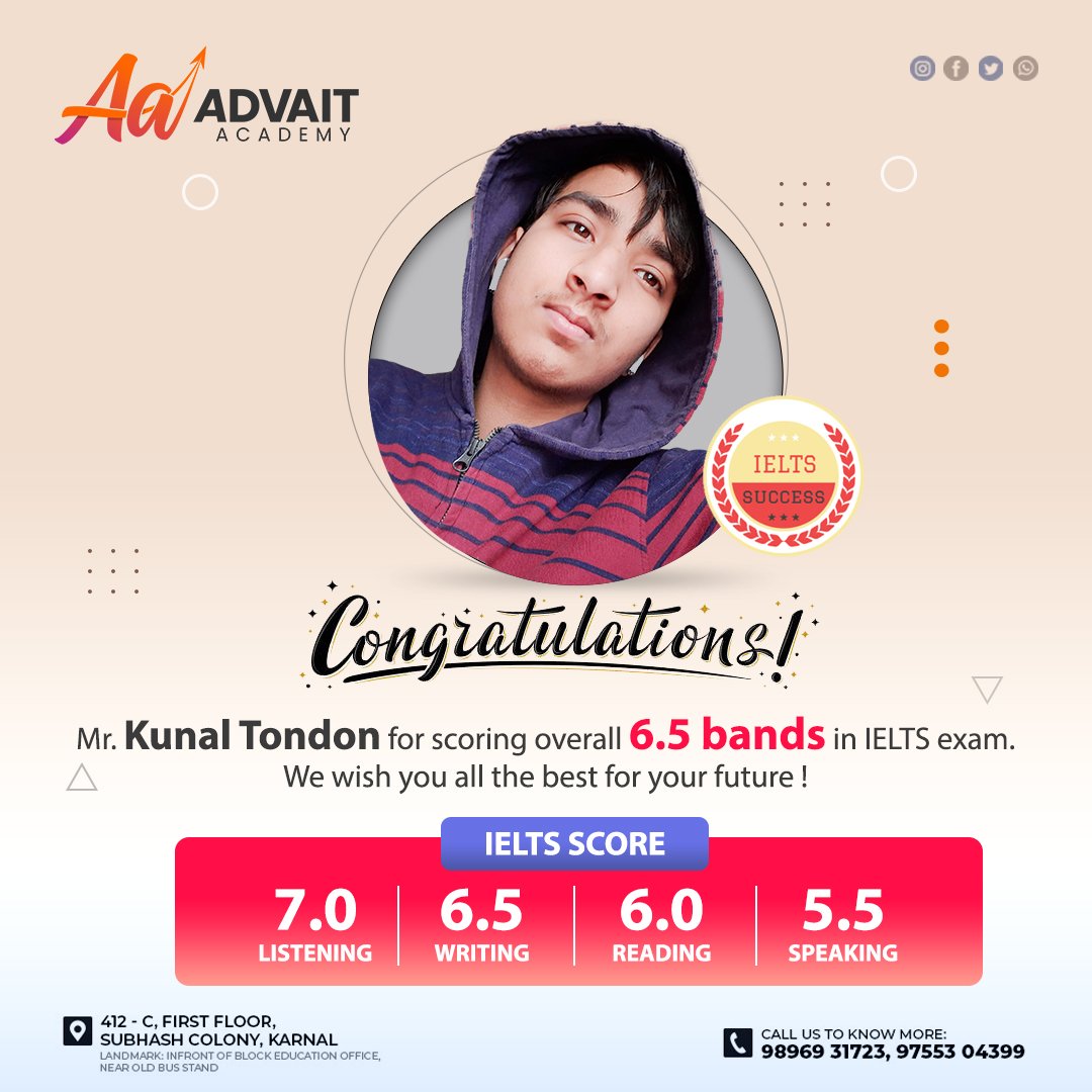 AcademyAdvait's tweet photo. Congratulations Mr. Kunal Tondon for scoring overall 6.5 bands in IELTS exam.
We wish that you keep evolving at every stage in the future.

#IELTS #IELTSCoachingInkarnal #IELTSEXAM #englishlearning #IELTSENTRANCE #IELTSbands #education #crackingIELTS https://t.co/ioGFxyeDNn