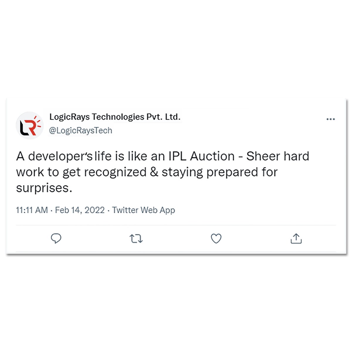 LogicRaysTech's tweet photo. A developers life is like an IPL Auction - Sheer hard work to get recognized, & staying prepared for surprises
.
.
#iplauction #ipl2022 #logicrays https://t.co/brWOesKezL