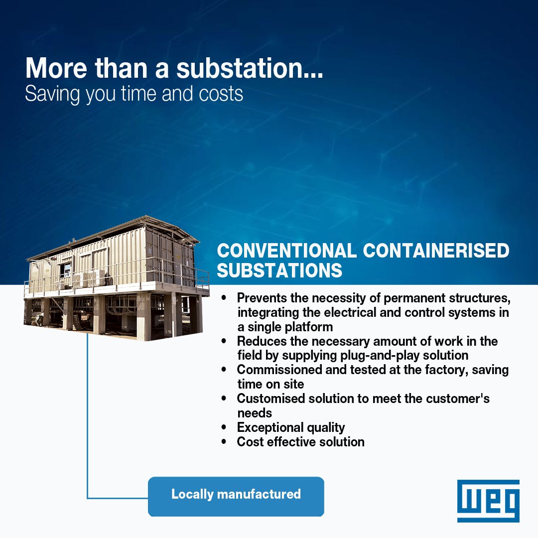 WEG_Africa's tweet image. There is actually nothing conventional about our locally manufactured containerised substation. Custom engineered to meet your specific needs and ready to move when you are! Saving time and increasing efficiency. bit.ly/3DcJpQT 

 #petrochemical #mining #WEG #ZestWEG