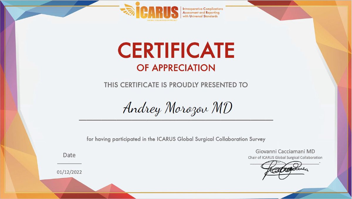 Andrey Morozov (@andreyomorozov) on Twitter photo Thrilled to contribute to <a href="/ICARUS_collab/">ICARUS Global Surgical Collaboration Project</a> for standardizing the assessment of #intraoperative adverse events to create a positive culture of reporting errors in #surgery & #anesthesiology
<a href="/Some4SurgeryIT1/">@Some4SurgeryITeam</a> <a href="/me4_so/">SoMe4Surgery</a> Thrilled to contribute to <a href="/ICARUS_collab/">ICARUS Global Surgical Collaboration Project</a> for standardizing the assessment of #intraoperative adverse events to create a positive culture of reporting errors in #surgery & #anesthesiology
<a href="/Some4SurgeryIT1/">@Some4SurgeryITeam</a> <a href="/me4_so/">SoMe4Surgery</a>