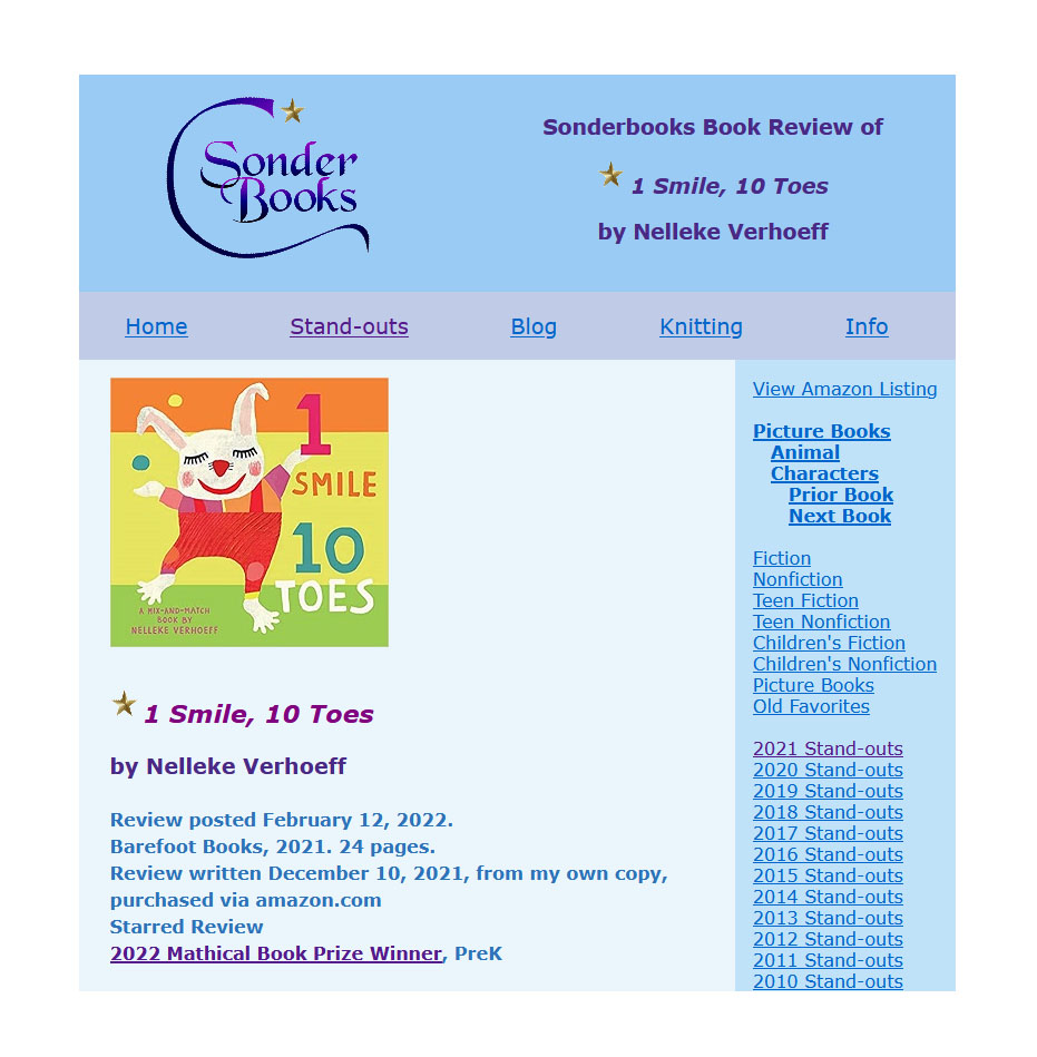 A starred review by @sonderbooks on my book '1 Smile, 10 Toes' published by @BarefootBooks. Read it here: sonderbooks.com/Picture_Books/… Thank you, Sondra! #mathicalaward #mathicalbooks #awardwinner