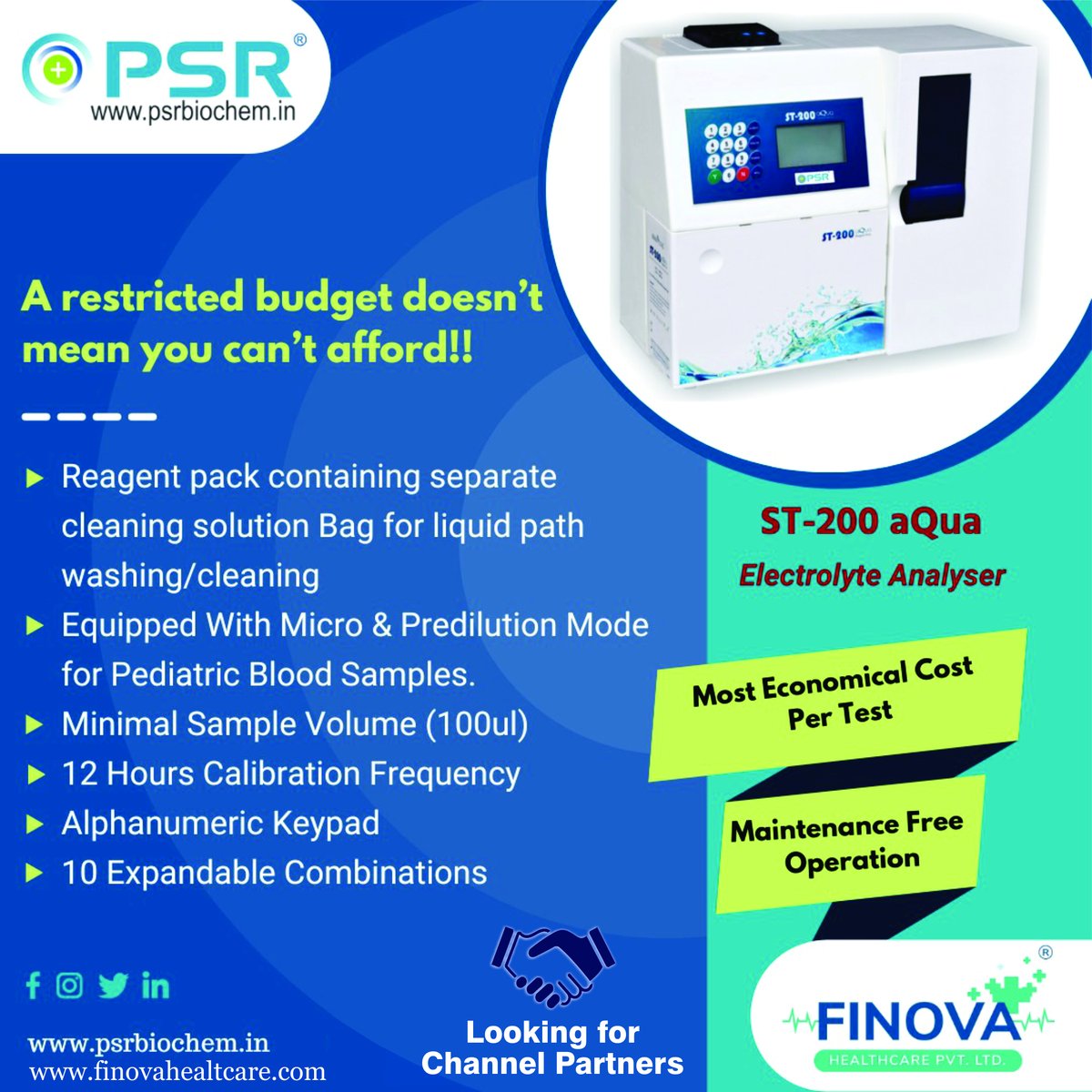 LtdPsr's tweet image. As we care for your budget, PSR offers the most economic and convenient economic Electrolyte Analyzer. Contact for budget lab set up and exciting offers.

or 𝐂𝐚𝐥𝐥/𝐖𝐡𝐚𝐭𝐬𝐀𝐩𝐩 𝐍𝐨𝐰: +𝟗𝟏-𝟕𝟐𝟗𝟎𝟎𝟎𝟑𝟓𝟎𝟑
.
#finovahealthcare #electrolytes #electrolyteanalyzer