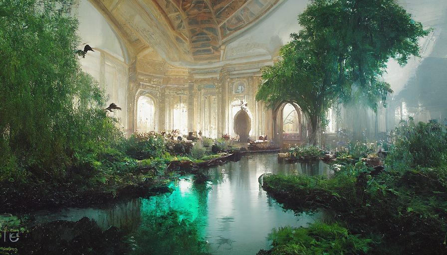 EErratica's tweet photo. Main prompt: "A verdant bird sanctuary in a dreamy palace" https://t.co/uevY01YR7J