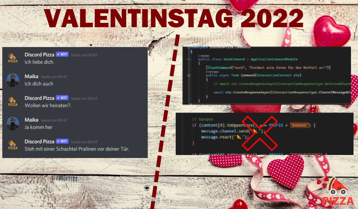 DiscordPizza's tweet photo. HALLO!!!!
Für alle Personen, die heute keinen Partner haben, bietet Discord Pizza in den privaten Nachrichten die Chance auf eine Unterhaltung mit euch! 😘
Wir beginnen außerdem mit der Neuentwicklung des Bots und der Integration von Slash-Commands. Mehr dazu auf unserem Discord! https://t.co/4M9svrA8XZ