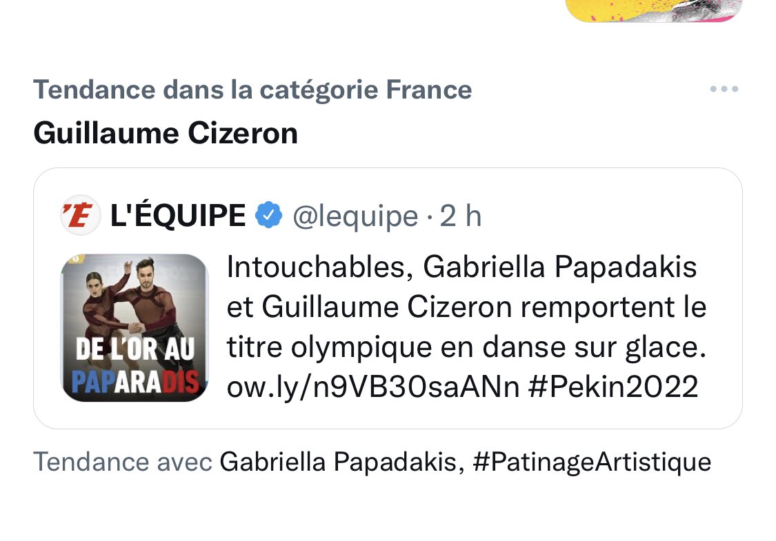 Dans le genre algorithme sexiste : le nom de Guillaume Cizeron ressort en grand dans les tendances Twitter quand celui de Gabriella Papadakis est relégué au second rang 😡