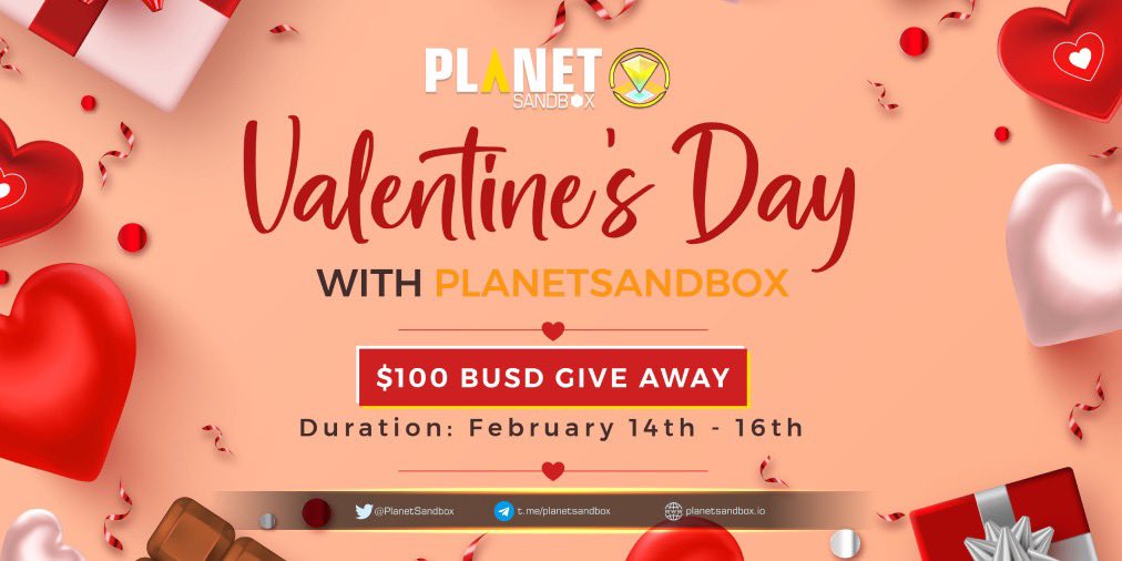 PlanetSandbox's tweet photo. 💘 HAPPY VALENTINE’S DAY 💘

🎁 $100 for give away to 5 most impressive answers 🔍

To enter:
- Follow @planetsandbox
- Retweet and hit that like
- Comment “I love PlanetSandbox because…” with hashtag #planetsandbox
 
⏰ Giveaway ends on 16th Feb 

#planetsandbox #ValentinesDay https://t.co/SOfELJUZXq