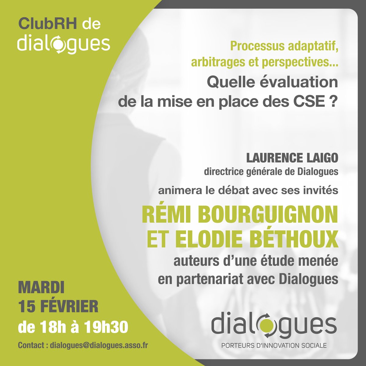 DialoguesAsso's tweet photo. Quelle évaluation de la mise en place des #CSE ?
Mardi soir, @Dialogues vous convie à un nouveau #ClubRH. @LaurenceLaigo dévoilera les résultats d'une étude avec ses auteurs @RémiBourguignon et @ÉlodieBéthoux #dialoguesocial #CSE #étude #evaluation #perspectives #DRH #syndicats https://t.co/j4dIqoFvNc