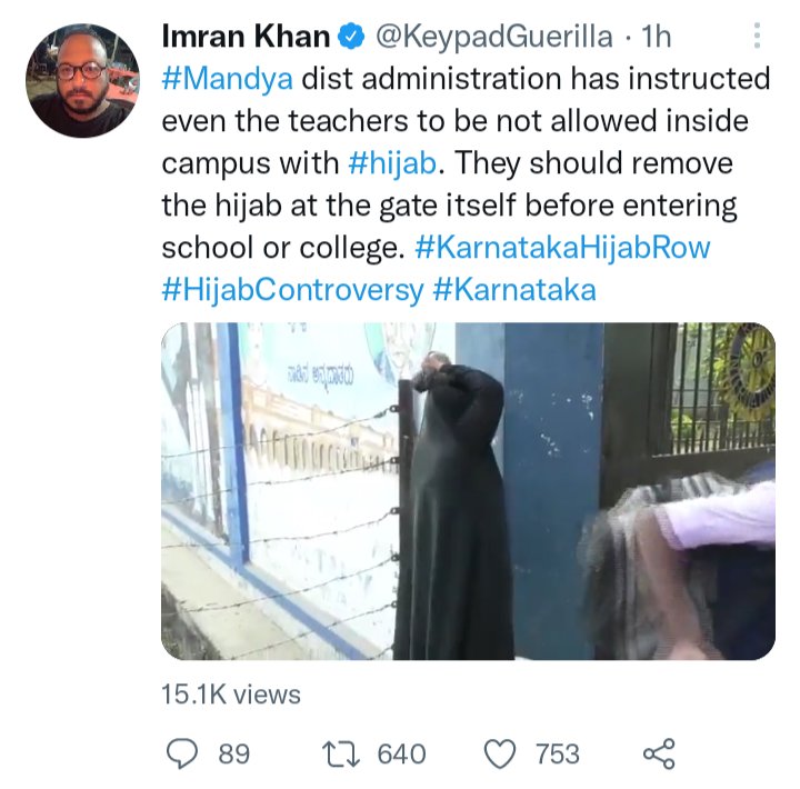 vinaysreeni's tweet photo. In several places of Karnataka , muslim girls and were made to stand on the road and remove their hijab. This is an assault on their dignity. This has happened post the interim order. https://t.co/lYmmQKC6no