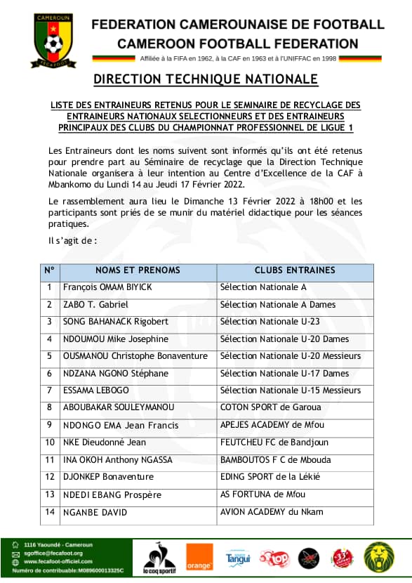 FecafootOfficie's tweet photo. Liste des entraîneurs retenus pour le stage de pré-saison qui se déroule sous la houlette de la Direction Technique Nationale du 14 au 17 février 2022 au Centre d'Excellence de la CAF de Mbankomo. https://t.co/AePaB1JCzY