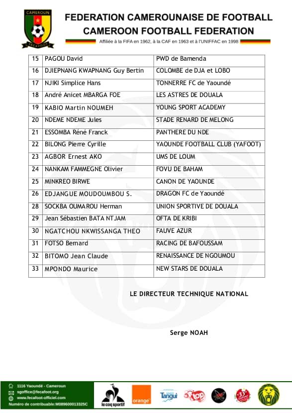 Liste des entraîneurs retenus pour le stage de pré-saison qui se déroule sous la houlette de la Direction Technique Nationale du 14 au 17 février 2022 au Centre d'Excellence de la CAF de Mbankomo.