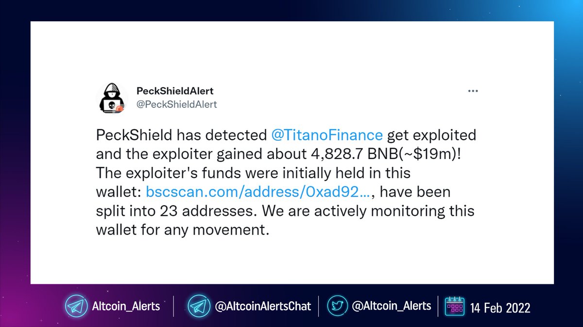 Altcoin_Alerts's tweet photo. 🚨 #HACK ALERT: Titano Finance Exploited, 4,828.7 $BNB (~$19M) Lost. $TITANO Token Price Dumped -45% !

▪️https://t.co/f0LATCi4vE

▶️ Hacker Address
▪️https://t.co/13QBwSZPNb https://t.co/2kZN2w8Q5r