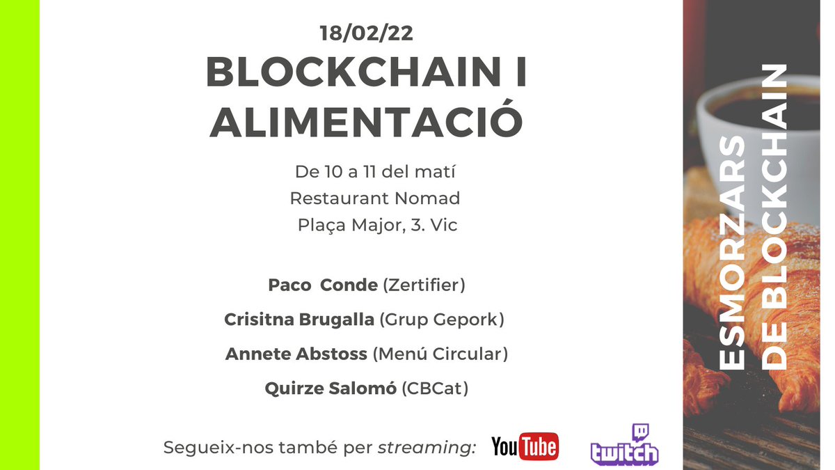 ❓Ja saps que aquest divendres toca esmorzar de blockchain?
Anem a #Vic a parlar de blockchain i alimentació amb professionals com <a href="/pacocondefdez/">Paco Conde</a> (<a href="/zertifier/">Zertifier.eth</a>), <a href="/cbrugalla/">Cristina Brugalla</a> (Grup Gepork) i <a href="/AnnetteAbstoss/">Annette Abstoss</a> (<a href="/MenuCircular/">Menú Circular</a>)

👉 Inscriu-te per venir en persona:
docs.google.com/forms/d/e/1FAI…