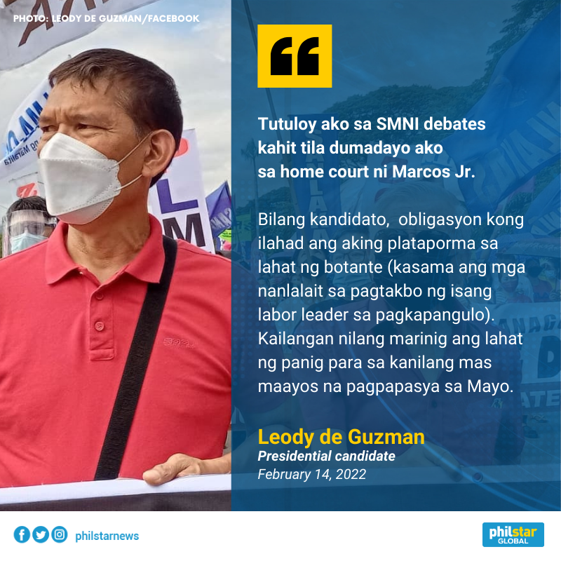 PhilstarNews's tweet photo. KA LEODY VS MARCOR JR.? 

Presidential candidate Leody de Guzman said he will attend the presidential debate organized by Pastor Apollo Quiboloy's SMNI tomorrow. #BilangPilipino2022

RELATED: https://t.co/gfZTWsbQOR https://t.co/UFQgl1PAaK