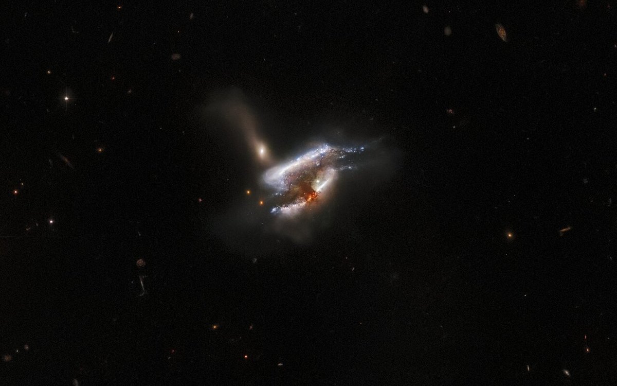 1/ Our latest Picture of the Week has captured what appears to be a triple galaxy merger in progress, as well as a tumultuous mixture of star formation and tidal distortions caused by the gravitational interactions of this galactic trio.
🔗 esahubble.org/images/potw220…