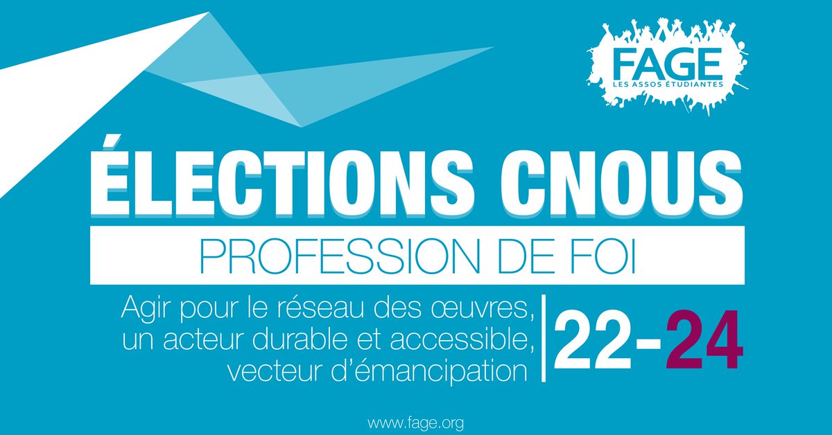 #electionsCNOUS | Aujourd’hui, depuis 8h00 et jusqu'au 17 février 2022, c'est le renouvellement des représentant·e·s #étudiant·e·s du Centre National des Oeuvres Universitaires et Scolaires. 🗳

Pour découvrir la profession de foi de la #FAGE 👇

fage.org/news/actualite…