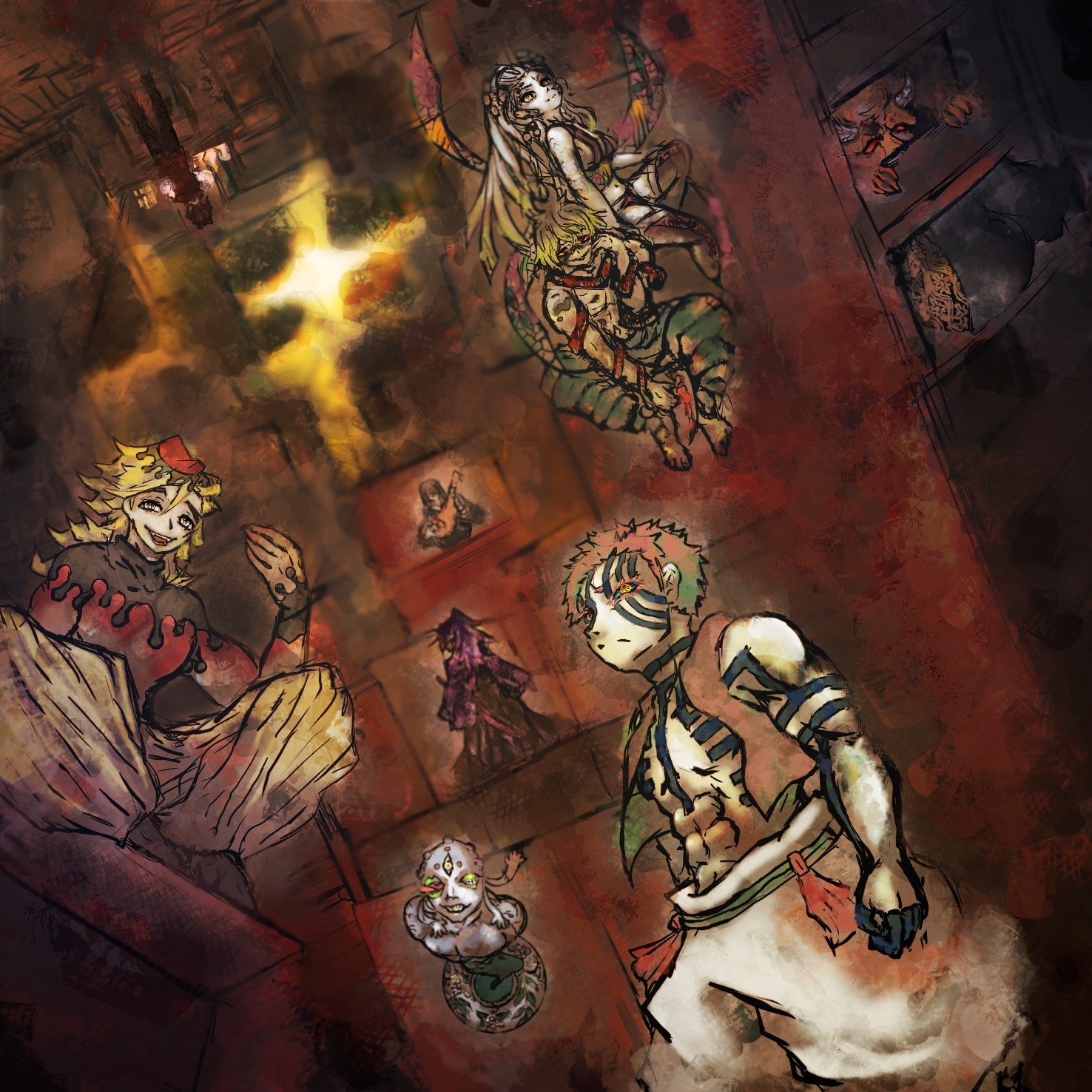 ポストロ 上弦集結はお預けをくらったけど 童磨と無限城に佇む猗窩座で感無量なので致命傷で済んだ Opでシルエット見た時から3年待って 次が上弦会議とか 刀鍛冶の里編いくらでも待つ 鬼滅の刃 上弦の鬼 黒死牟 童磨 猗窩座 半天狗 玉壺 妓夫太郎