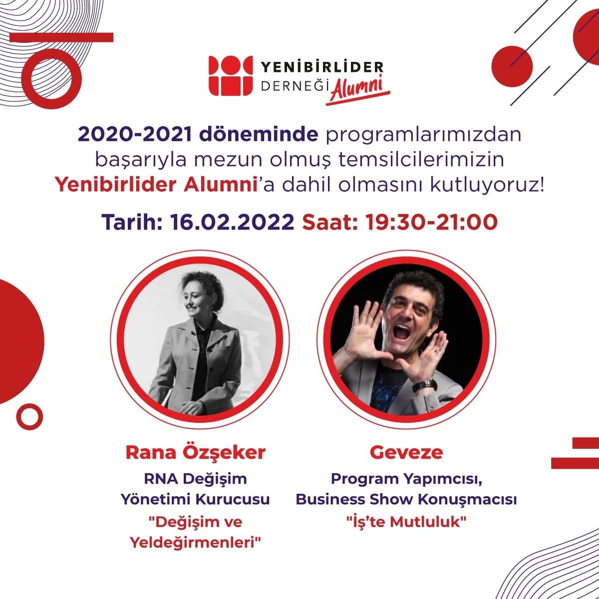 16 Şubat’ta <a href="/YenibirliderD/">Yenibirlider Derneği</a> Alumni ile Liderlik Gelişim Programı mezunlarını kutluyoruz. <a href="/RanaOzseker/">Rana Ozseker</a> , 19:45’te Değişim ve Yeldeğirmenleri başlıklı konuşmasında, Zoom’da olacak. Sevgili <a href="/gevezeresmi/">gevezeresmi</a>  ise İş'te Mutluluk'u anlatacak. 
#RNADeğişimYönetimi #Yenibirlider