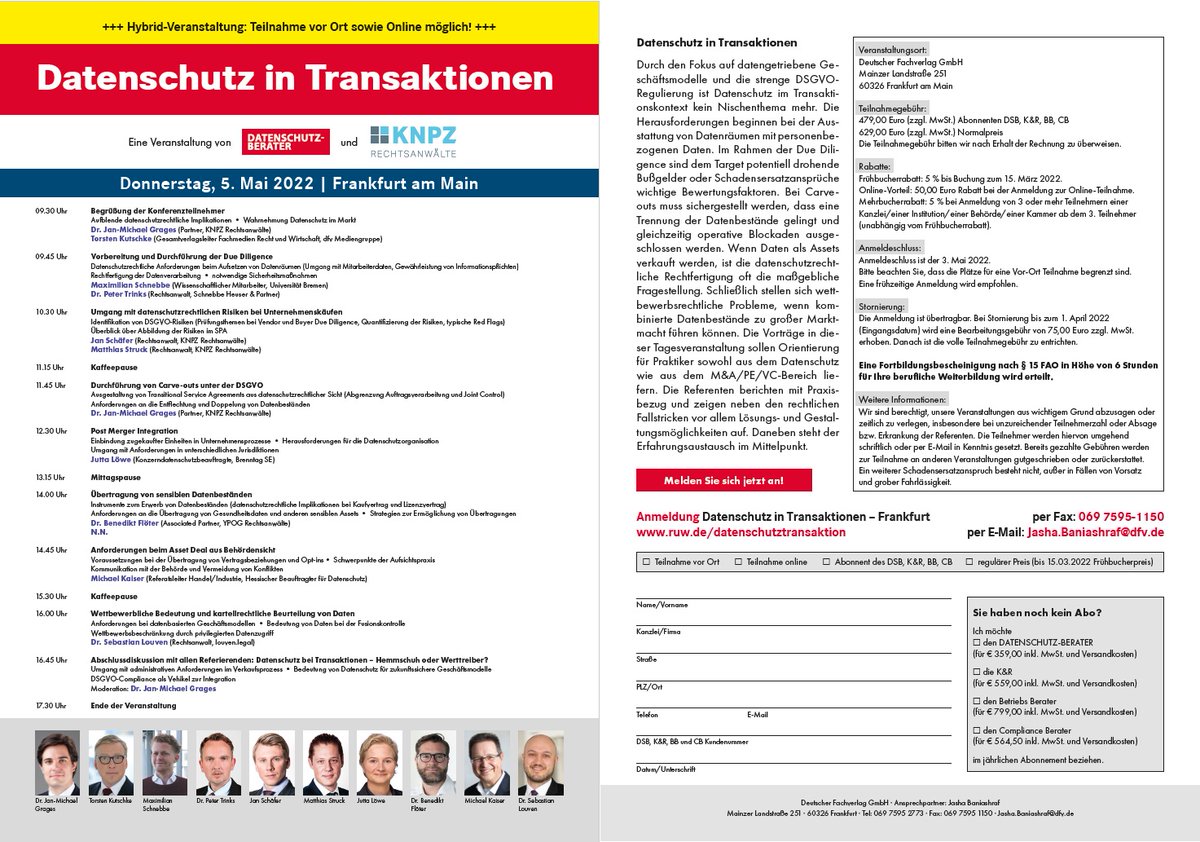 veranstaltungen.ruw.de/veranstaltunge…
#Datenschutz in #Transaktionen: Richtig prima Tagung im Mai! u.a. mit <a href="/Schnebbem/">Maximilian Schnebbe</a> @SebastianLouven <a href="/JuLoewe/">Jutta Löwe🇺🇦</a> <a href="/grages_jm/">Jan-Michael Grages</a> und #KNPZ