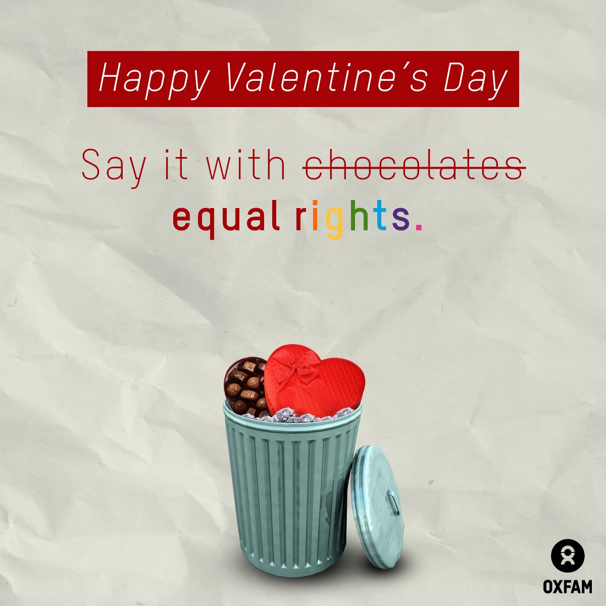 Oxfam's tweet photo. Equal rights are the sweetest way to express love!

❤️🧡💛💚💙💜🤎 

On #ValentinesDay &amp; every day, we demand equality, no matter our race, ability, gender, sexuality, age, religion, politics, language, or nationality. https://t.co/3vjMV1IM9c