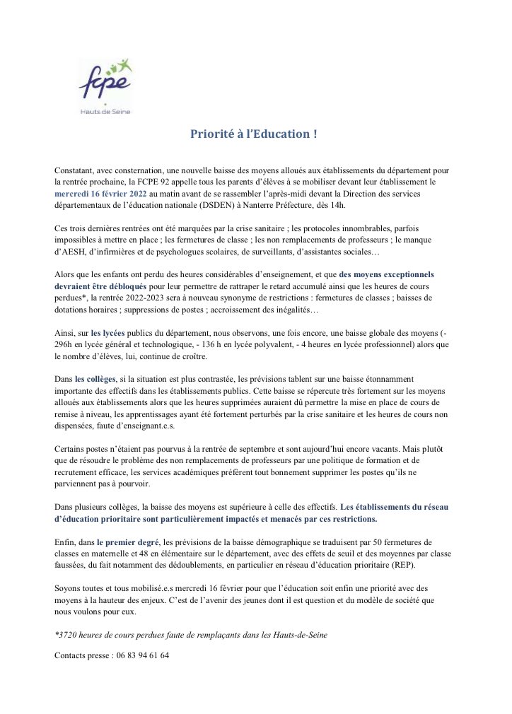 COMMUNIQUÉ. #Mobilisation #Parents #élèves #profs Toutes et tous à la Prefecture de #Nanterre mercredi 16 février à 14h devant les services <a href="/hautsdeseinefr/">Département des Hauts-de-Seine</a> de <a href="/education_gouv/">Ministère Éducation nationale</a> pour l#école publique ! L#education est 1 priorité !
<a href="/franceinfo/">franceinfo</a> <a href="/leparisien_92/">Le Parisien | 92</a> <a href="/BFMParis/">BFM Paris Île-de-France</a> <a href="/actufr92/">Actu Hauts-de-Seine</a>