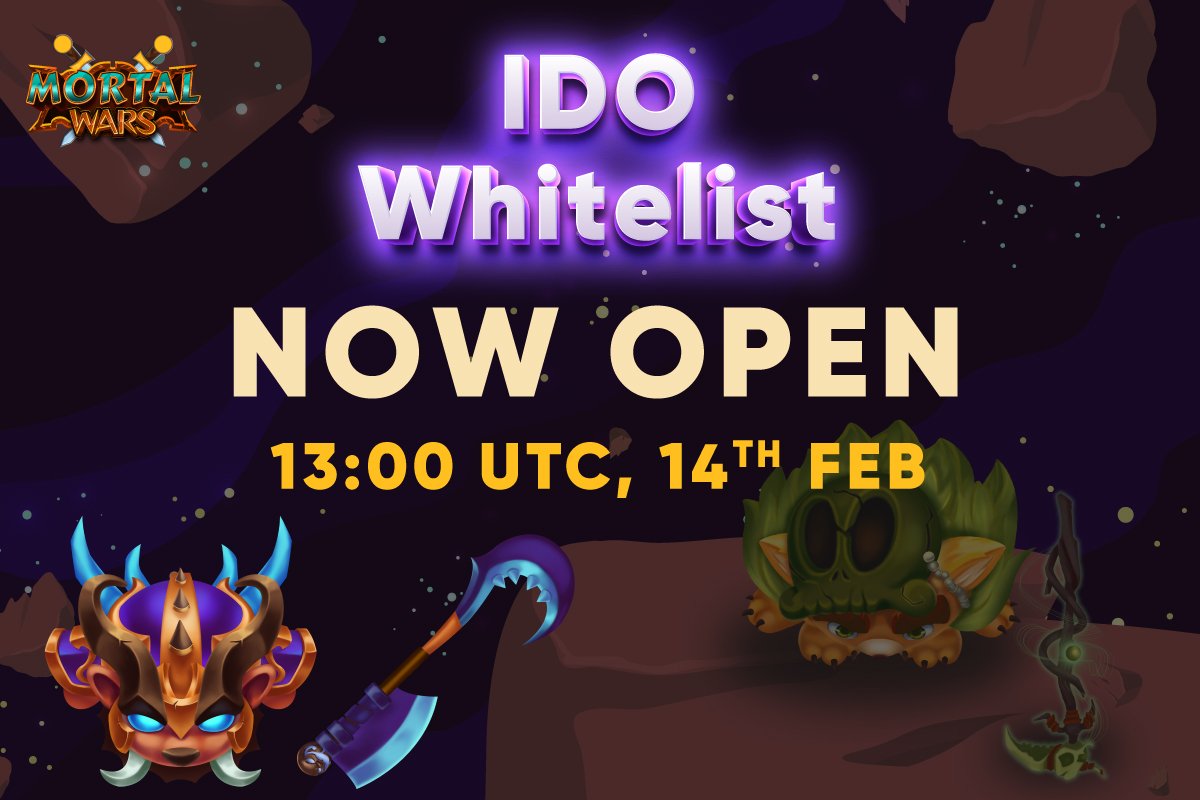 💥💥 MORTAL WARS IDO LAUNCHPAD WHITELIST IS NOW LIVE 🔥

🎁 2,000 IDO Guaranteed slots for 2,000 Warriors with total value is to $200,000 
⏲ Time: 14th Feb 2022 - 3rd Mar 2022

🔔 Register and get a slot in IDO whitelist at:  
t.me/mortalwars_whi… #MortalWars #Pinksale #IDO