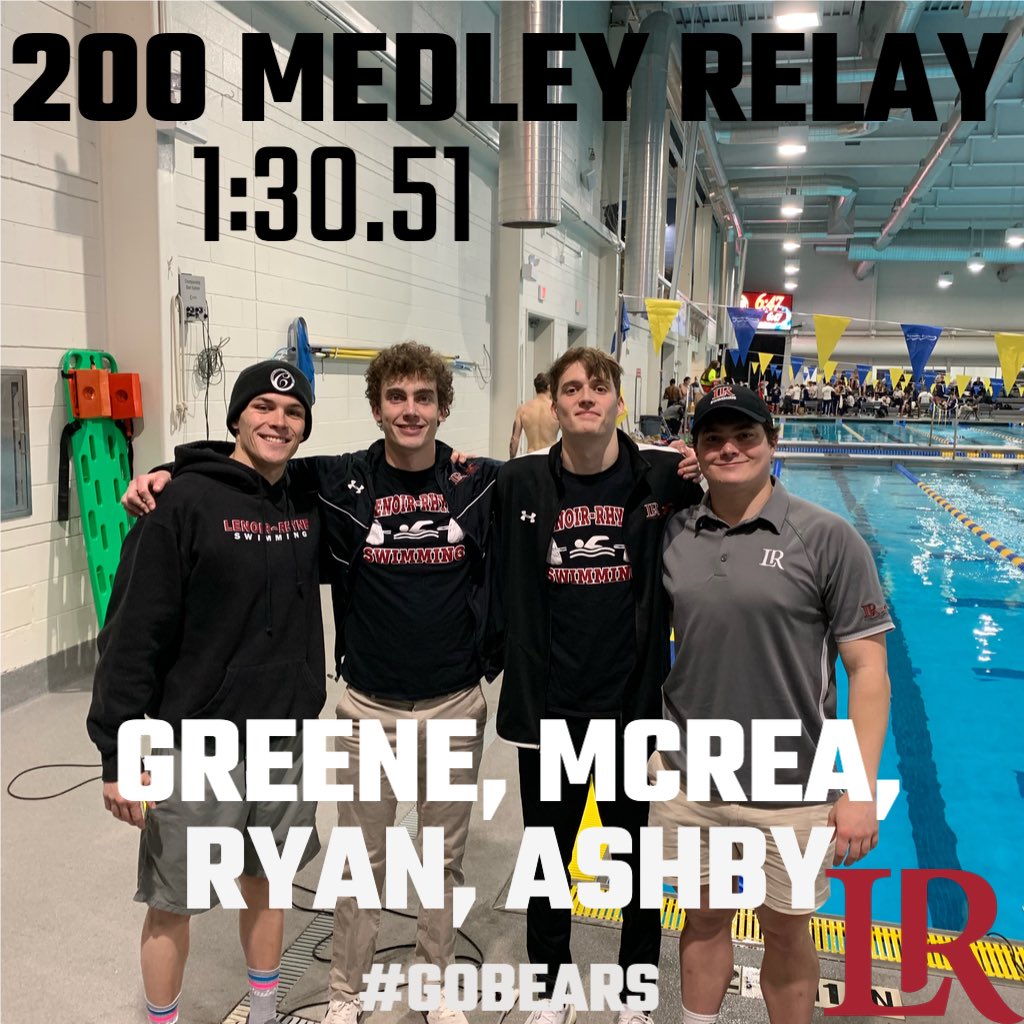 LRUSwimming's tweet photo. The Men’s 200 Medley Relay record broken by senior Jacob Greene, junior Micah McRea, senior John Ryan, and graduate student Spencer Ashby!
#GOBEARS https://t.co/Thqc2jz2Xk