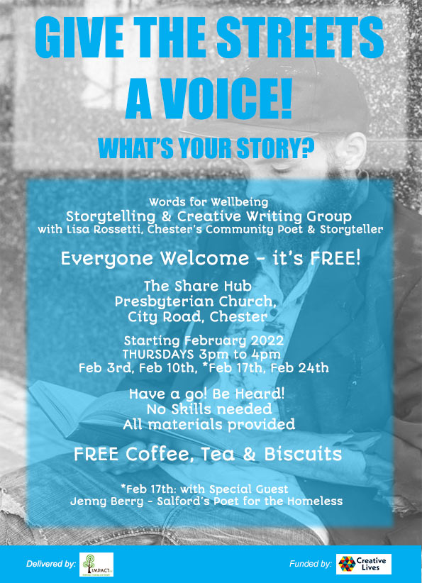 impactcic's tweet photo. For homeless community, vols &amp; support staff. Special poetry event by Jenny Berry, Salford's street poet.
Jenny's poetry is full of warm wit &amp; down to earth observations.
Thurs 17th Feb, 3-4pm, Share Hub, City Rd. FREE. Tea &amp; biscuits. @shareshopsuk @go_cheshirewest @soul_chester https://t.co/BtcK7q11Uc