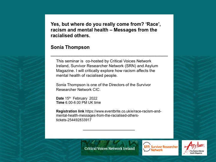 AsylumMagUK's tweet photo. Happening tomorrow.

Seminar co-hosted with @CVNIIreland  @SurvivorResNet and Asylum Magazine  

Talk by Sonia Thompson on racism and mental health. 

Register at:  https://t.co/T6JpSCyQWs https://t.co/X7IrvRxheu